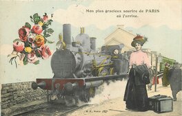 Carte postale : une pensée avec train et locomotive à vapeur vers 1911