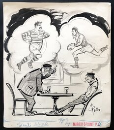 René Pellos - Pellos dessin original Rugby illustration Miroir sprint - Illustration originale