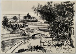 Edmond Baudoin - Les Chemins de l'eau en Provence n°19 - Canal de Marseille devant la ligne de TGV - Original Illustration