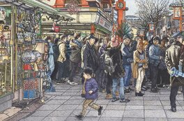Bruno Watel - Dans la queue du 1er de l’an (Hatsumode) au temple Senso-ji à Asakusa, Tokyo 21 x 14 cm 2021 - Original Illustration