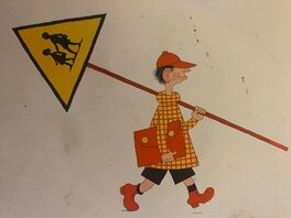 Albert Dubout - Albert Dubout, illustration originale, "Attention école"! - Illustration originale