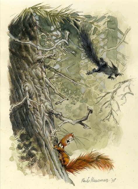 Course d'écureuils par René Hausman - Illustration originale