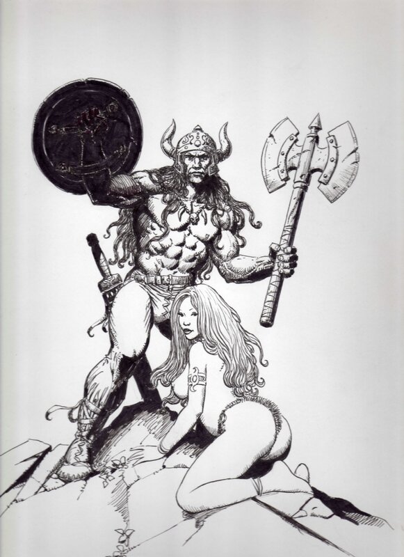 Sean Patty, Conan and maiden (en string à fourrure...ben c'est normal quand il fait pas chaud) - Original Illustration