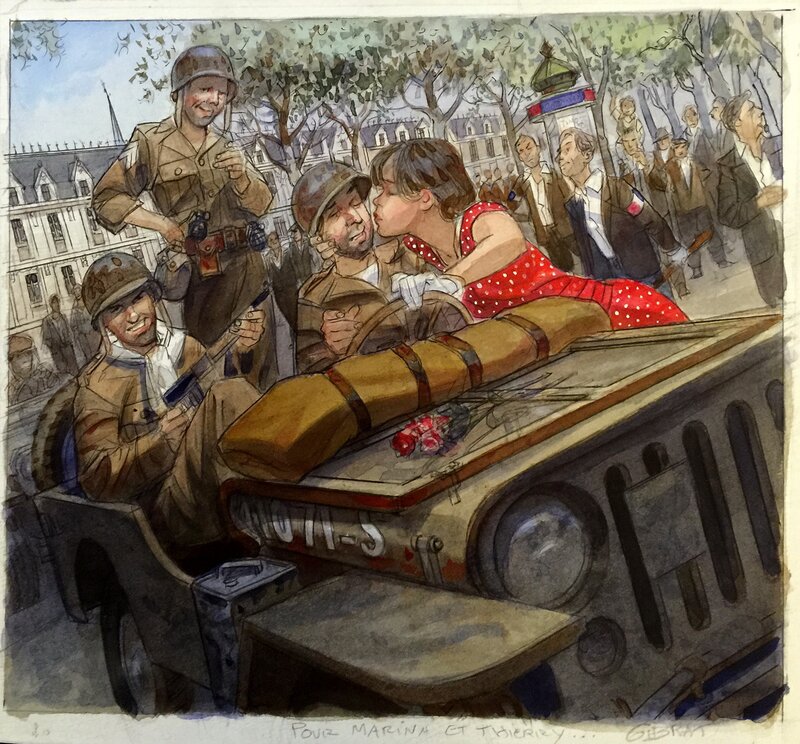 Jean-Pierre Gibrat, Cécile embrasse un soldat - Jeanne et Cécile, p 75 - Illustration originale