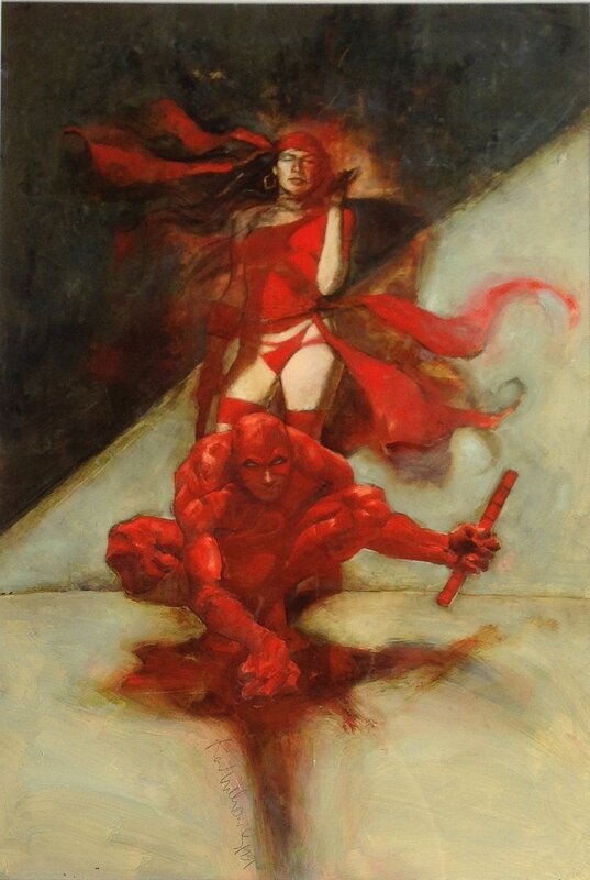 Daredevil and Elektra Poster Art by Kent Williams - Oil Painting circa 1991 - Original Illustration