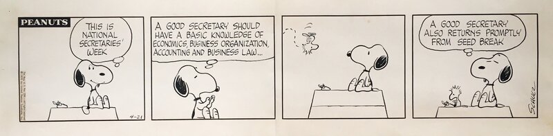 Charles M. Schulz, Peanuts : Snoopy et Woodstock - strip du 21 avril 1970 - Planche originale