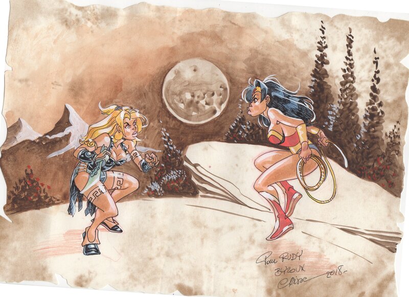 Crisse, Battle of the Amazons -  Atalante vs Wonder Woman - Illustration originale
