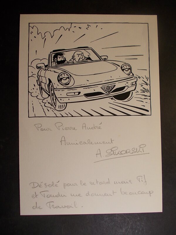 Alain Sikorski, Denis Lapière, Fernand Dineur, Will, Tif et Tondu en Alfa-Roméo, 1991. - Sketch Alain Sikorski, Denis Lapière, Fernand Dineur, Will, Tif et Tondu en Alfa-Roméo, 1991. - Sketch