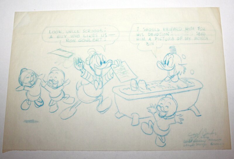 Carl Barks, Disegno originale matita blu su lucido PAPERINO, QUI, QUO, QUA e PAPERONE. - Original Illustration
