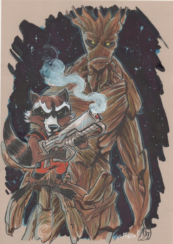 Groot and Raccoon par Mario Boon - Illustration originale
