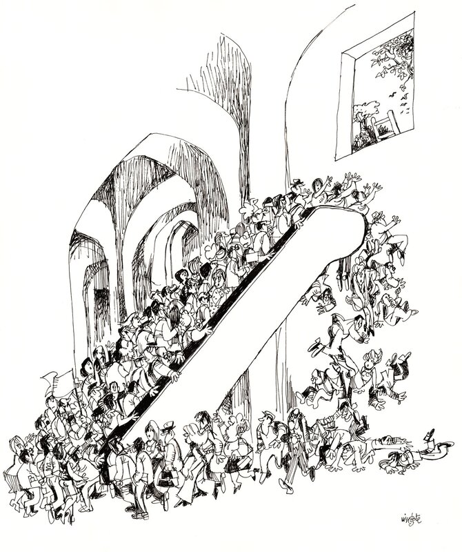 Antonio Mingote, Mechanical stair / Human stupidity - Original Illustration Antonio Mingote, Mechanical stair / Human stupidity - Original Illustration