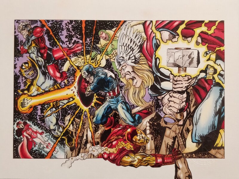Julian Kaluzny, Avengers vs Thanos - Thor, Iron Man, Captain America - After Jack Kirby - Original Illustration