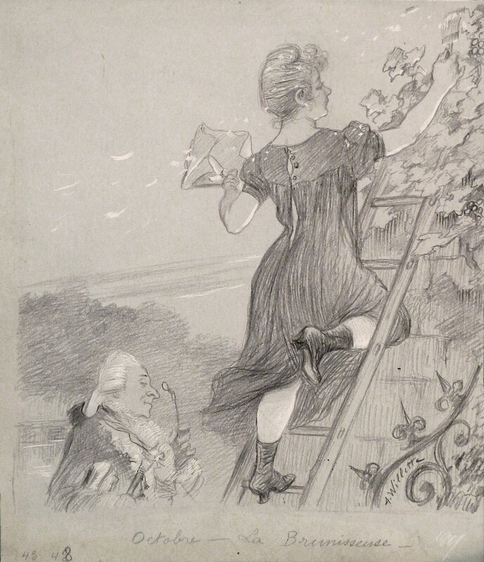 Adolphe Willette, Octobre – La brunisseuse - Original Illustration