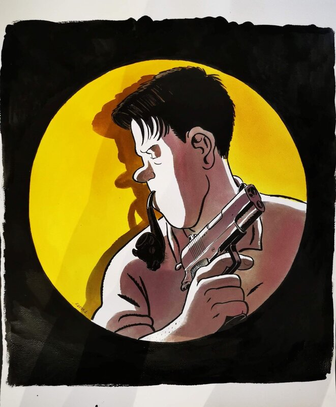 En vente - François Ravard, Nestor Burma - Macaron inspiré du 4ème plat Ed N&B - Illustration originale
