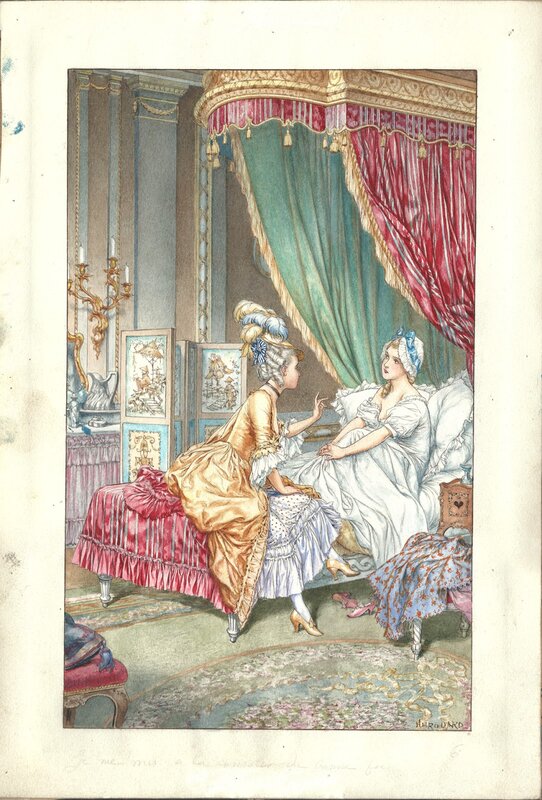 Chéri Hérouard, Ladies talking on the bed - Original Illustration