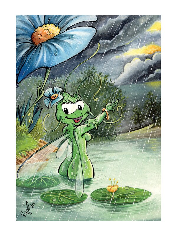 En vente - Rana sous la pluie par Fabien Rypert - Illustration originale