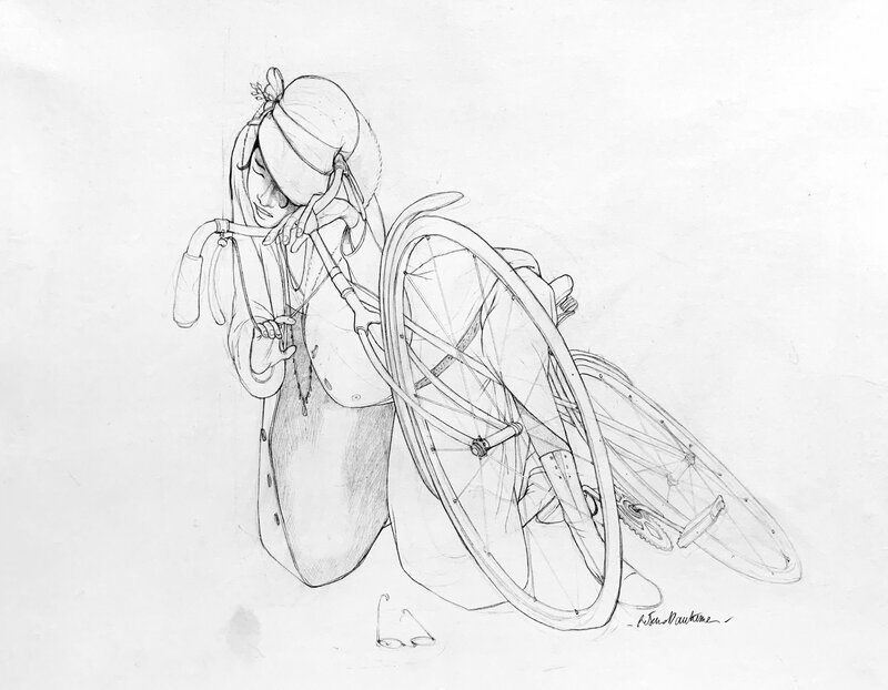 Rébecca Dautremer, Le bois dormait, Fille à bicyclette - Original art