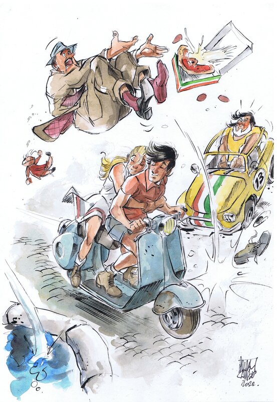 Charel Cambré, Amoras Suske en Wiske op scooter - Illustration originale