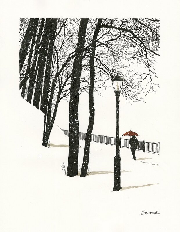 Parapluie rouge IV par Christophe Chabouté - Illustration originale