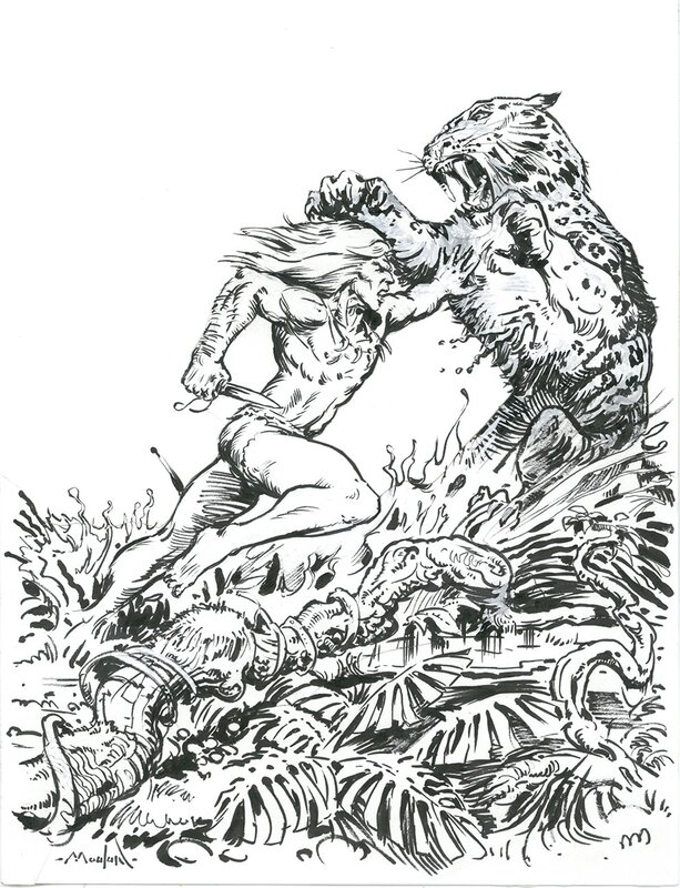 En vente - Régis Moulun, Encrage Rahan et tigre - Illustration originale