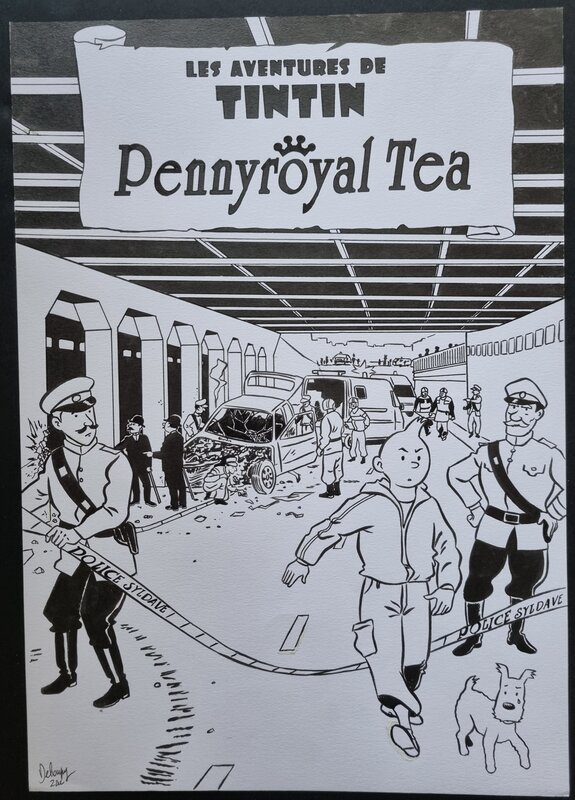 Deloupy, Hergé, Hommage à Tintin et la couverture du Sceptre d'Ottokar - Penny Royal Tea - Original Cover