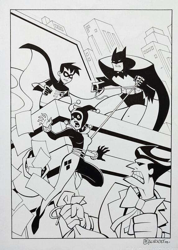 Batman & Robin ft Harley Quinn - Mauricet DC (1999) - Original Illustration
