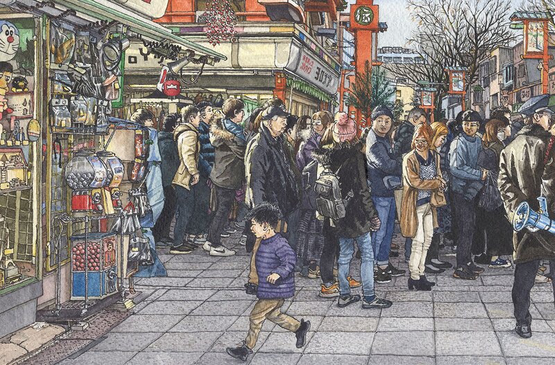 En vente - Bruno Watel, Dans la queue du 1er de l’an (Hatsumode) au temple Senso-ji à Asakusa, Tokyo 21 x 14 cm 2021 - Illustration originale