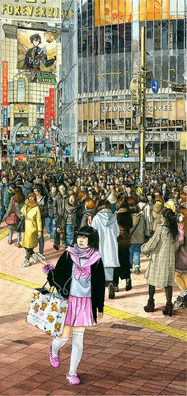 For sale - Bruno Watel, Shibuya Station crossing, Tokyo 25,5 x 54 cm 2022 - Original Illustration