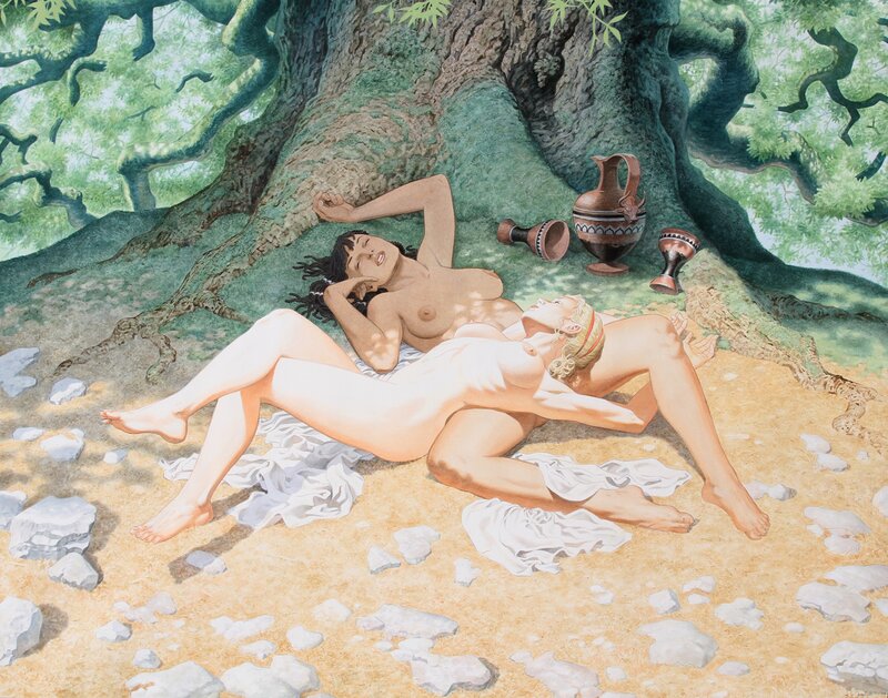 François Miville-Deschênes, Filles alanguies à l'ombre des frondaisons - Original Illustration