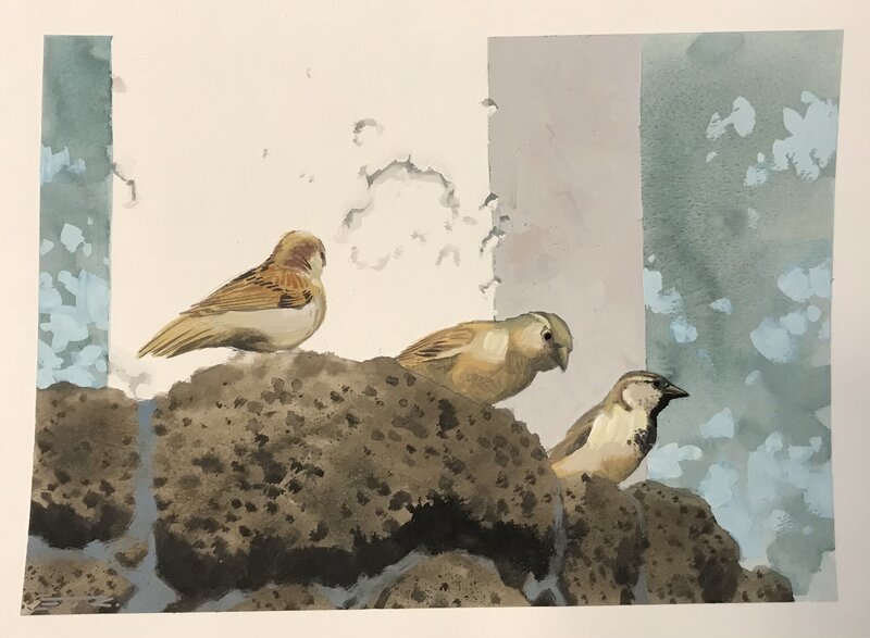 En vente - Esad Ribic, Louis Vuitton Travel Book - Hawaiian Palila birds - Illustration originale