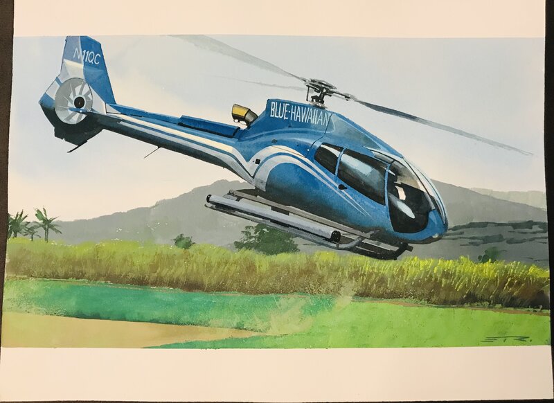 En vente - Esad Ribic, Louis Vuitton Travel Book - Hawaiian Blue Helicopter - Illustration originale
