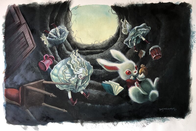 Benjamin Lacombe, Alice falling down the rabbit burrow - Original Illustration