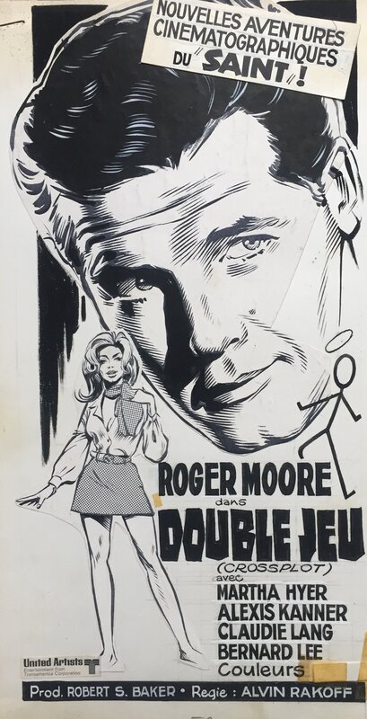 Vance, affiche de cinéma, montage, Le Saint, Double jeu, Roger Moore, 1969. - Original Illustration